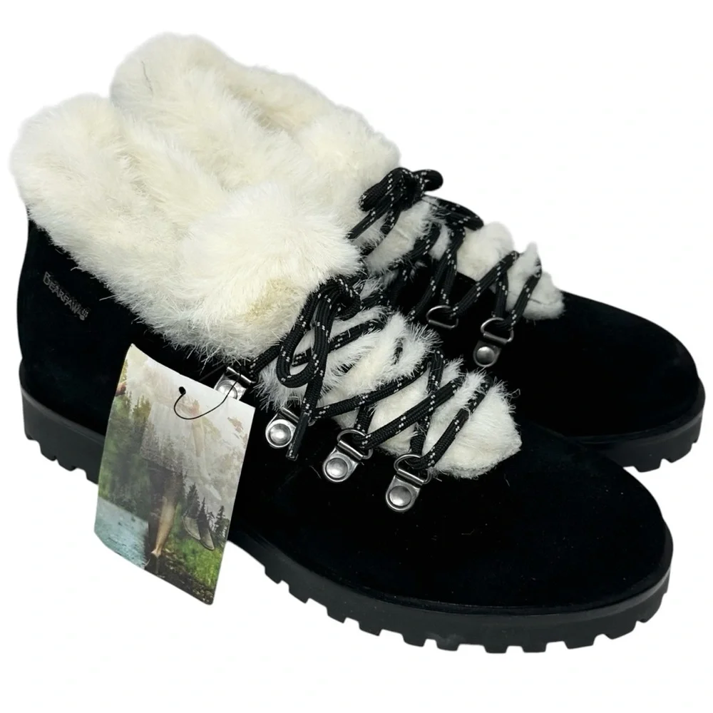 BearPaw Vera Black Winter Fur Lined Ankle Bootie Boot Black Suede 8